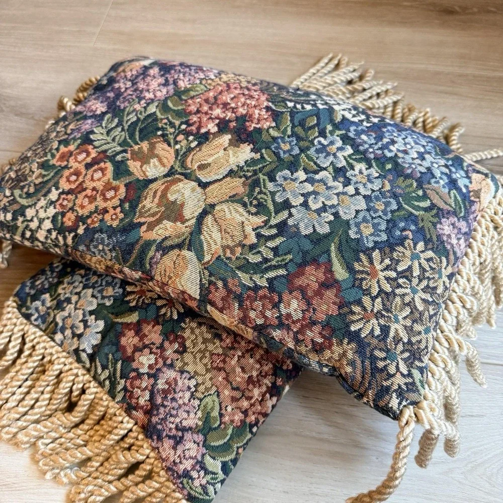 Floral Tapestry Accent Pillows with Fringe Set of 2 Vintage
